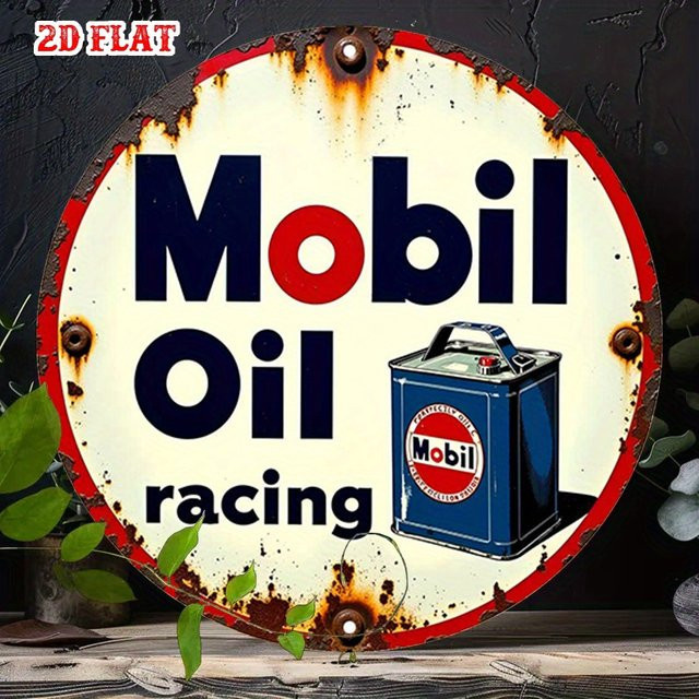 Potdemiel Vintage Mobil Oil Racing Metallschild rund im Industriestil, Durchmesser: 20 cm, Mehrfarbig - Bild 1