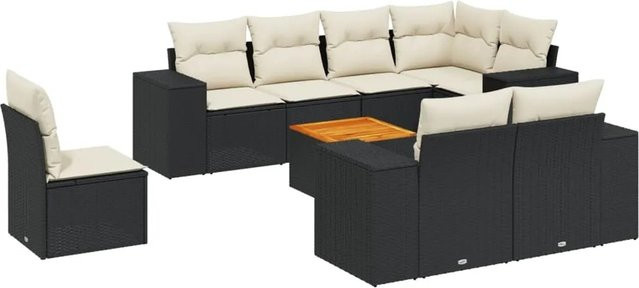 vidaXL 9-tlg. Garten-Sofagarnitur in L-Form aus Polyrattan mit Kissen und Armlehnen, Schwarz - Bild 1
