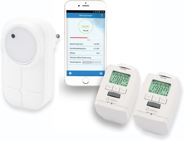 Olympia Smart Home Heizkörperthermostat Set mit Gateway und App-Steuerung, 2 Stück, Weiß - Bild 1