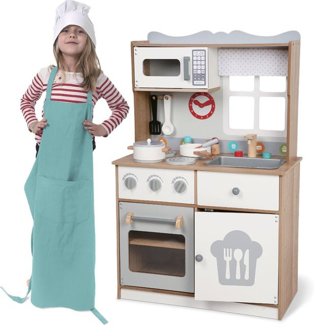 Moni Kinderküche 7253 aus Holz in Braun mit 14-teiligem Zubehör, Spülbecken, Herd, Mikrowelle und Uhr, Höhe: 93,5 cm - Bild 1
