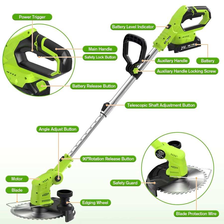 VOERJIA Akku-Rasentrimmer 21V mit 850W, 24000 U/min, LCD-Batterieanzeige und 2x 2,0Ah Akkus in Grün - Bild 5