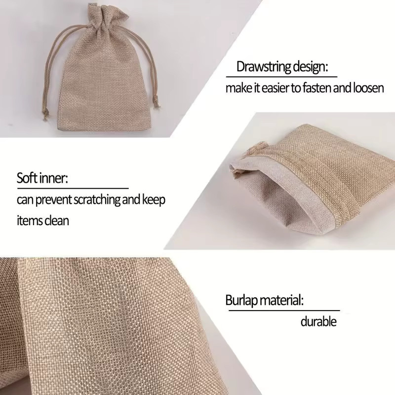 Sackleinen Kordelzugbeutel aus Jute in Beige für DIY Süßigkeiten Hochzeit und Schmuckaufbewahrung - Bild 3
