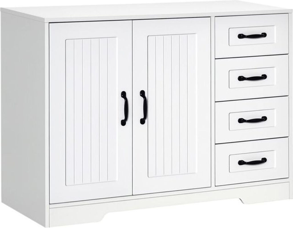 HOMCOM Sideboard in Weiß mit 4 Schubladen und 2 Türen, moderner Aufbewahrungsschrank im Landhausstil, B/H/T: 105 x 76 x 40 cm - Bild 1