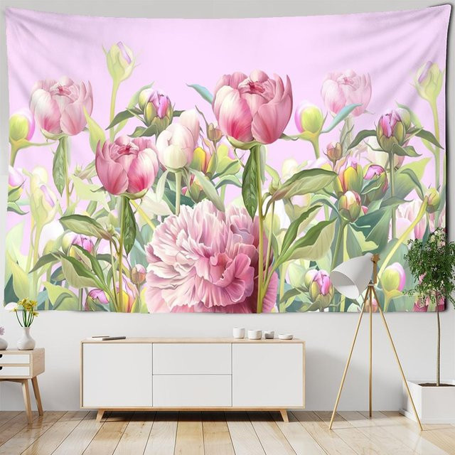 Dekorativer Wandteppich mit rosa Blumen und Engelsmotiven im Boho-Stil, Breite: 150 cm, Höhe: 100 cm - Bild 1