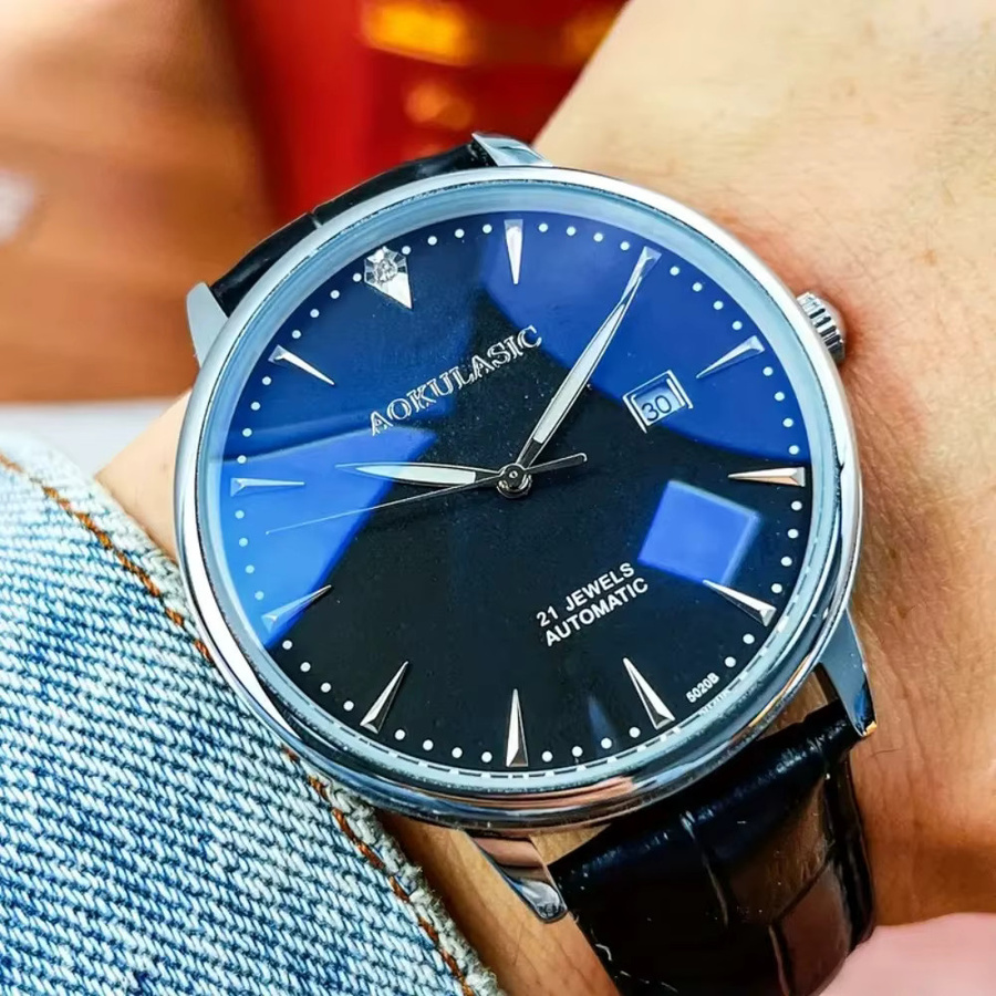 AOKULASIC Armbanduhr Automatik, Skelett, Edelstahl, Leder, Herren - Bild 1
