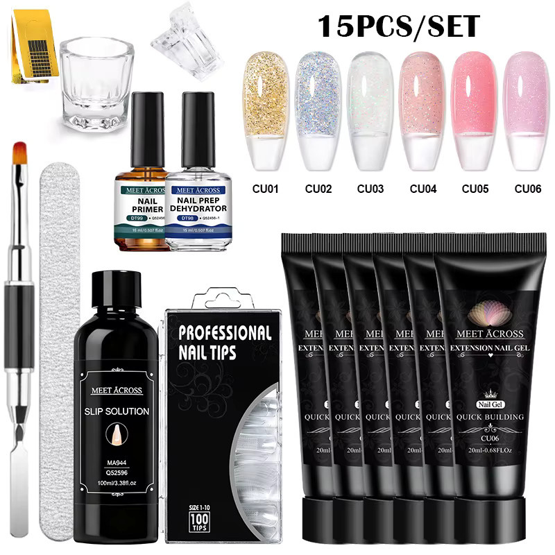 MEET ACROSS Nagelverlängerung Gel Kit, Rosa, Glänzend, 15 Stück - Bild 1