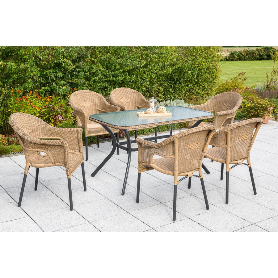 Merxx Gartenmöbelset Ravenna 7-teilig aus Aluminium und Kunststoffgeflecht in Graphit und Natur mit 6 Stapelsesseln und Glastisch - Bild 3