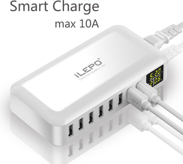 ILEPO 8-Port USB-Schnellladegerät mit 40W QC3.0 Multi-USB-Ladestation und LED-Anzeige in Weiß - Bild 1
