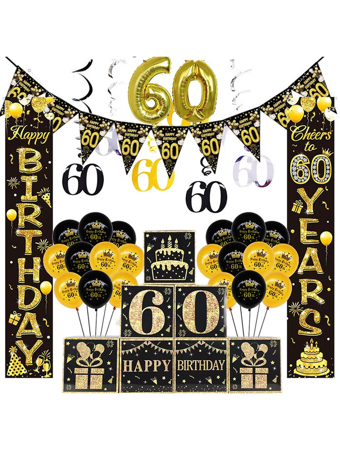 60. Geburtstag Party Set in Schwarz und Gold mit Ballons und dreieckigen Wimpelketten für Männer und Frauen - Bild 4