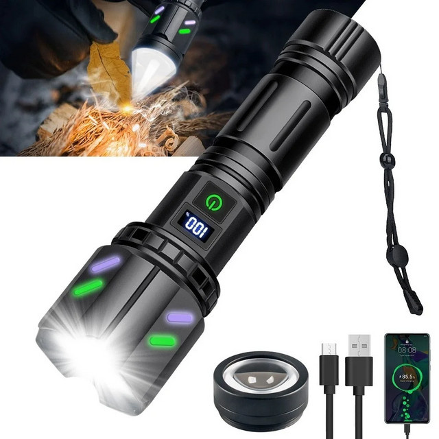 VASTFIRE Taktische LED-Taschenlampe mit Feueranzünder-Funktion und Laserpointer, 5000 Lumen, Schwarz, Wiederaufladbar - Bild 1