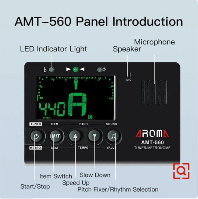Aroma AMT-560 E-Gitarren-Tuner und Metronom in Schwarz mit integriertem Mikrofon und 6,3 mm Tonabnehmerkabel für Gitarre, Bass, Violine und Ukulele - Bild 1