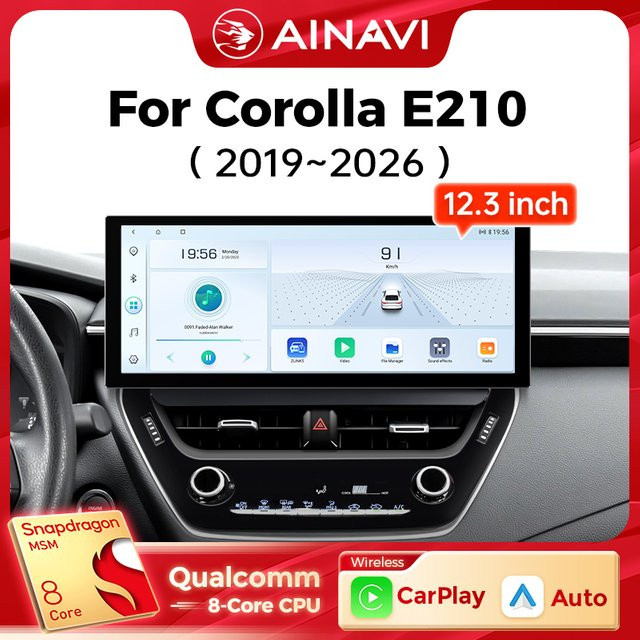 Ainavi 12,3 Zoll Multimedia-Autoradio für Toyota Corolla E210 (2019-2025) mit kabellosem CarPlay, Android Auto und Bluetooth in Schwarz - Bild 1