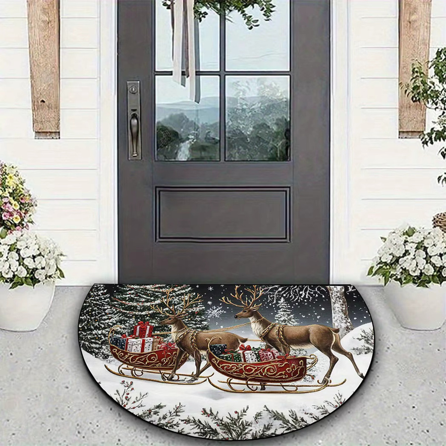VIKAMA Weihnachtsteppich mit Rentier und Schlitten, halbkreisförmiger Druckteppich, rutschfest und waschbar - Bild 2