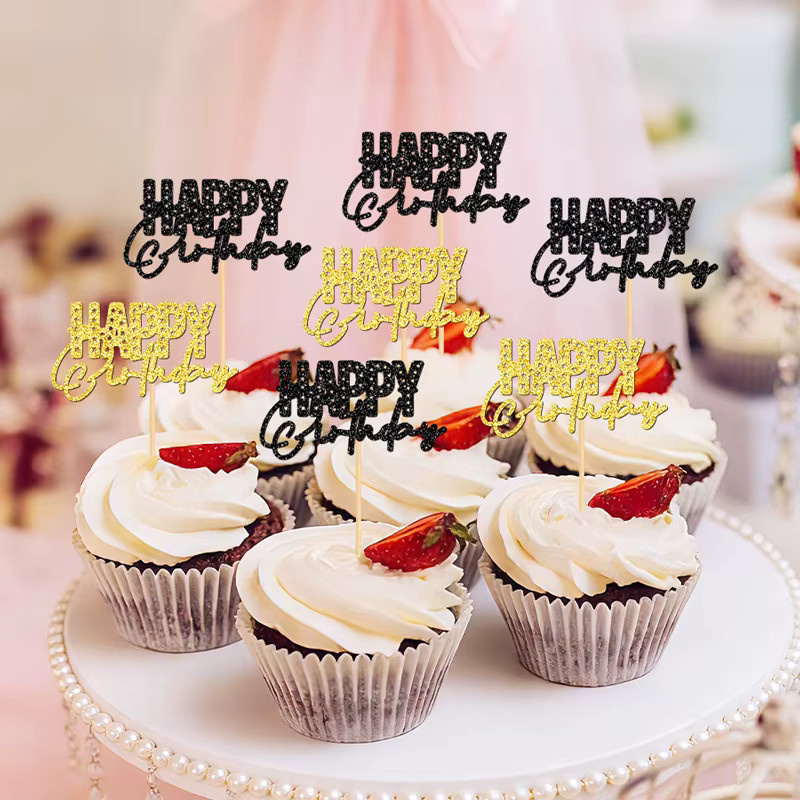 YOMDID 24 Stück Happy Birthday Cupcake-Topper in Gold und Schwarz als Geburtstagstorten-Deko-Zubehör - Bild 2
