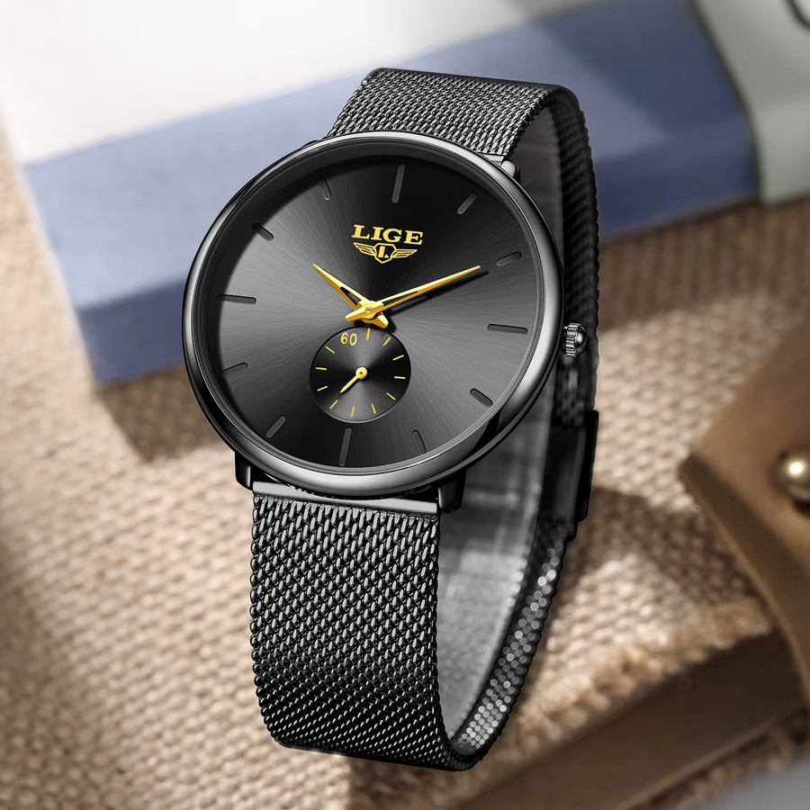 LIGE Armbanduhr, Quarz, Edelstahl, Milanaise, Schwarz, Herren - Bild 3