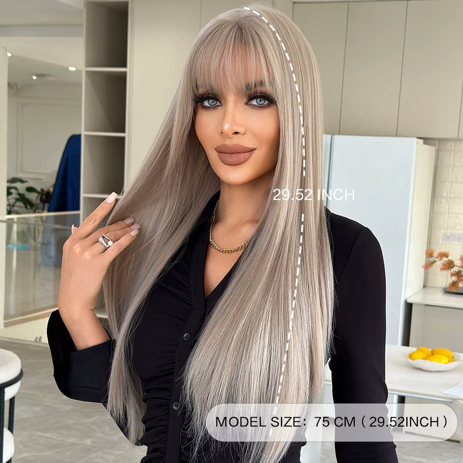 7JHH WIGS Perücke für Damen, lange aschblonde Synthetik-Haare, grau, mit Pony - Bild 2
