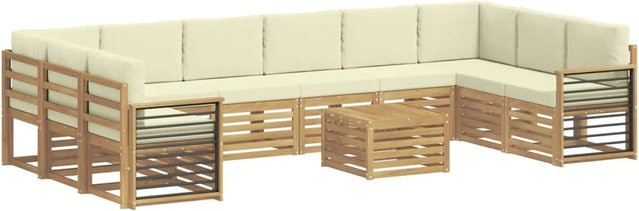 vidaXL Outdoor-Sofagarnitur L-Form aus Akazienholz mit 11 Kissen in Weiß und Beige aus Polyester - Bild 1