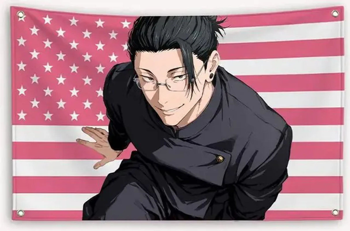 VIKAMA Jujutsu Kaisen Geto Suguru Wandteppich mit USA-Flagge Design, mehrfarbiger Anime Wandbehang aus Textil, Breite: 60 cm, Höhe: 40 cm - Bild 1