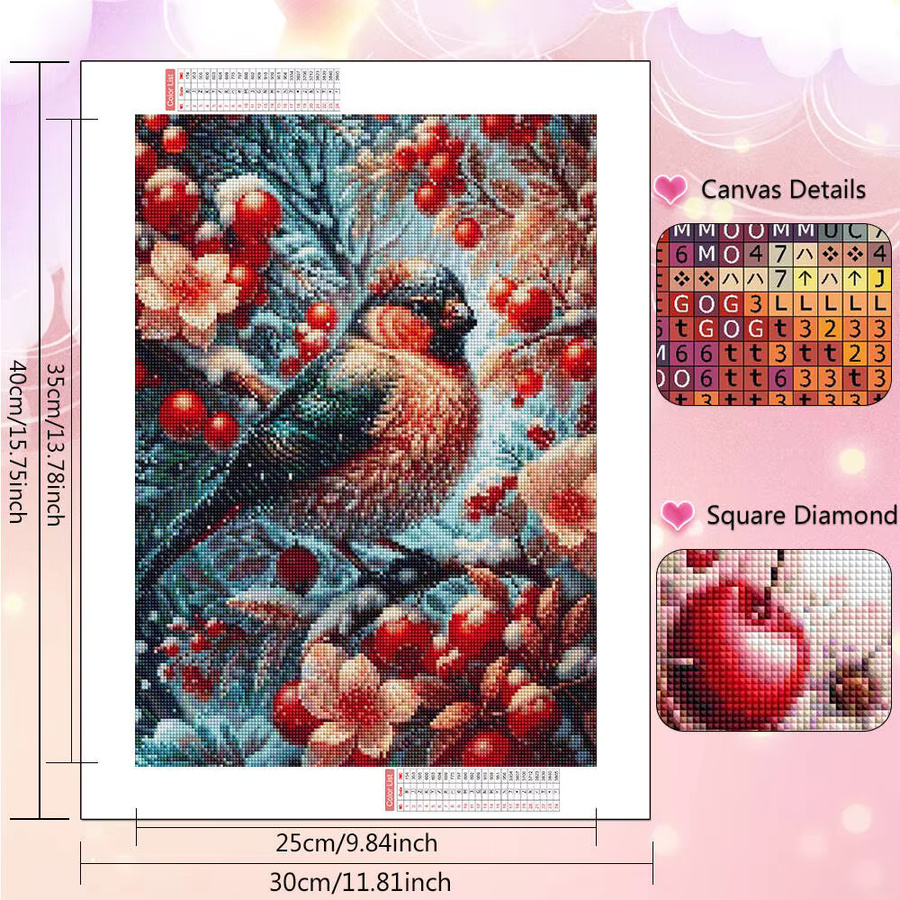 Huacan Diamant-Malerei Winter Vogel und Blumen als Mosaik-Stickerei in Multicolor, rechteckig - Bild 3