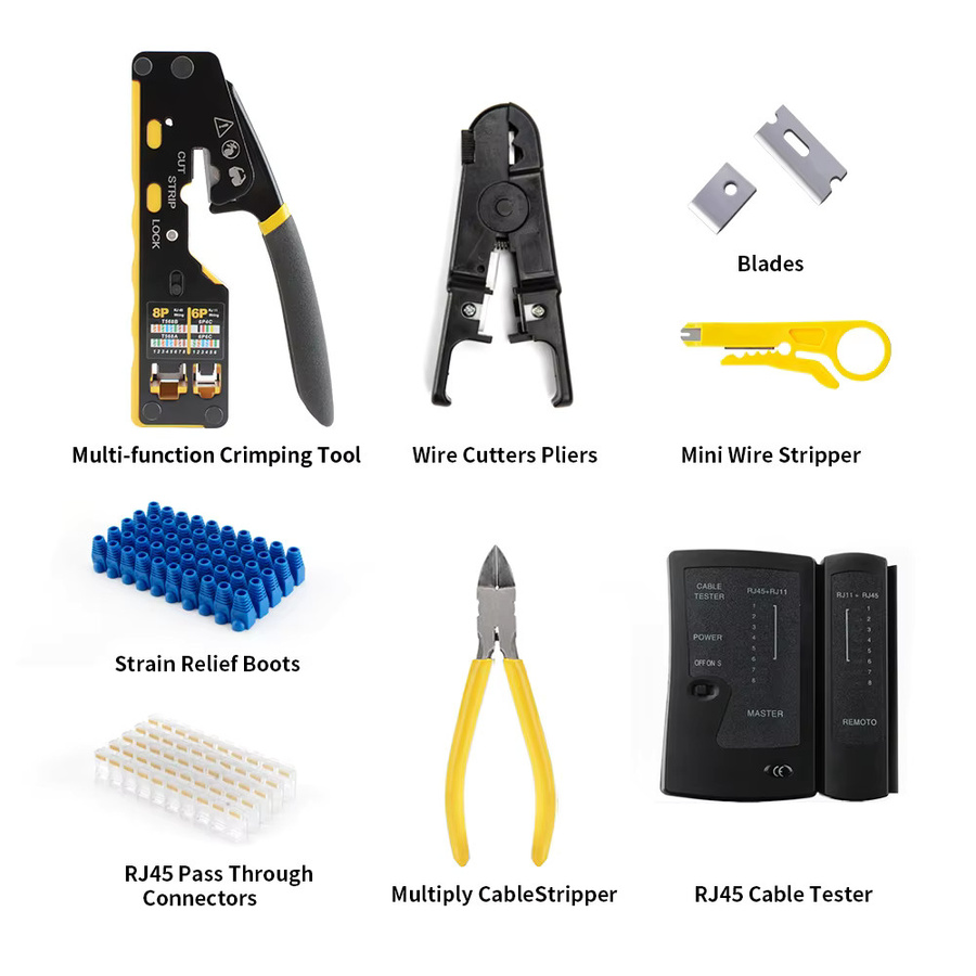 Seven Floor Cat6 RJ45 Crimpzangen-Set mit Kabeltester, Schneidklingen, 50 Steckverbindern und Zugentlastungsstiefeln - Bild 2