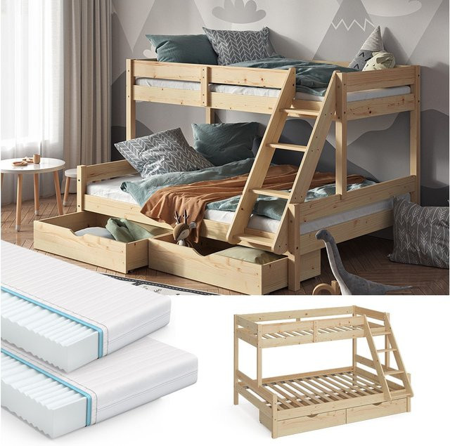 VitaliSpa Hochbett Everest Kinderbett aus Massivholz in Natur mit Bettleiter, Rollschublade und Lattenrost, B/T/H: 140 x 200 cm - Bild 1