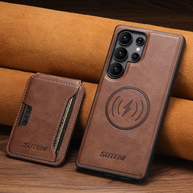 SUTENI Magnetische Luxus Faux Leder Handyhülle mit kabellosem Laden und Kartenhalter für Samsung Galaxy S26 Ultra, S25, S24, S23, S22 in Schwarz oder Braun - Bild 1