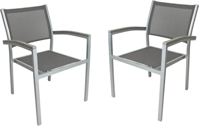 DELUKE Gartenstuhl 2er Set SARAH Stapelstühle aus Kunststoff und Textilene in Grau mit Armlehnen und wetterfestem Design - Bild 1