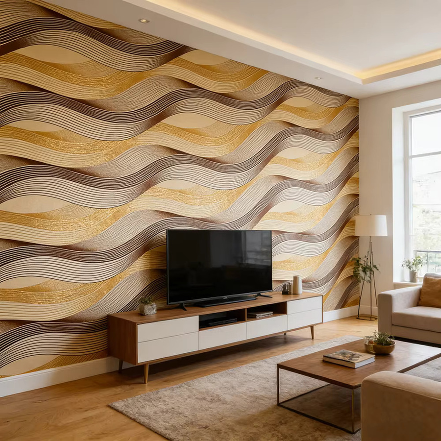 TTOKKONG WALLPAPER Selbstklebende Wandgestaltung aus PVC-Vinyl in Gelb mit modernem 3D-Wellenmuster und geometrischem Design, waschbar und strukturiert - Bild 3