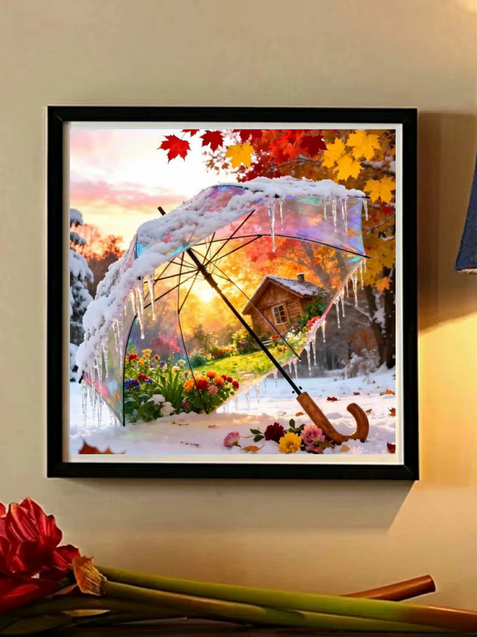 Potdemiel DIY Diamant-Mosaik Regenschirm Ahornblatt Herbst-Winter-Landschaft mit runden Steinen in Multicolour - Bild 2
