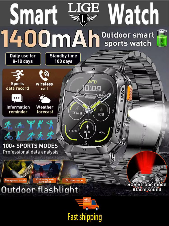 LIGE Militär-Smartwatch mit 2,01 Zoll HD-Bildschirm, 1400 mAh Akku, Bluetooth-Anruf, 3ATM wasserdicht, Farbe: Blau, kompatibel mit Android und iOS - Bild 7