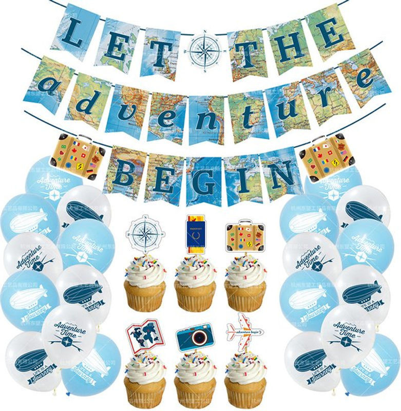 Reise Abenteurer Ruhestand Party Dekoration Set mit Ballon Banner Hintergrund und Papptellern in Blau und Mehrfarbig - Bild 1