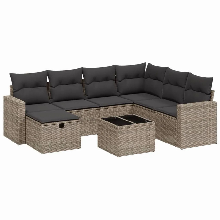 vidaXL 8-tlg. Garten-Sofagarnitur in L-Form aus Poly-Rattan mit Kissen und Ottoman, Grau - Bild 2