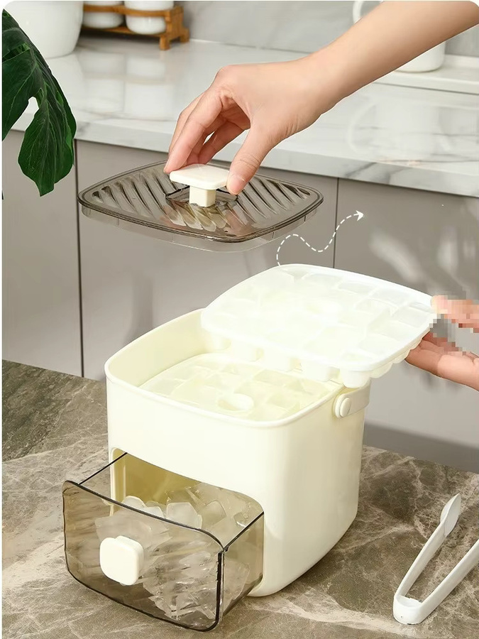 Brigii Eiswürfelschale mit Deckel und Behälter in Weiß, stapelbare Eiswürfelform aus Silikon und Kunststoff für 48 Eiswürfel - Bild 3