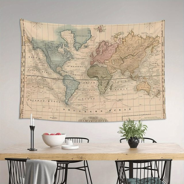 VIKAMA Weltkarten-Wandteppich im Vintage-Stil aus Baumwolle, Mehrfarbig - Bild 1