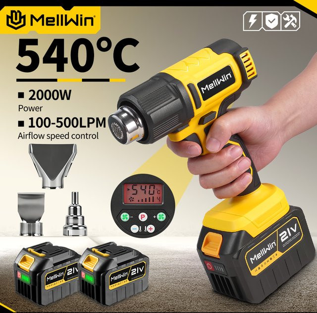 MELLWIN Kabellose industrielle Heißluftpistole Gelb, 25-stufig einstellbar bis 540 °C, kompatibel mit Makita 18V Akku für Autofolien, Löten und Schrumpffolien - Bild 1