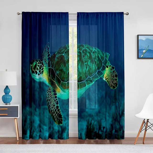 Binchi Outdoor Equipment Transparenter Tüllvorhang mit Unterwasser-Motiv Meeresschildkröte und Delfin in Blau, Breite: 100 cm, Höhe: 250 cm - Bild 1