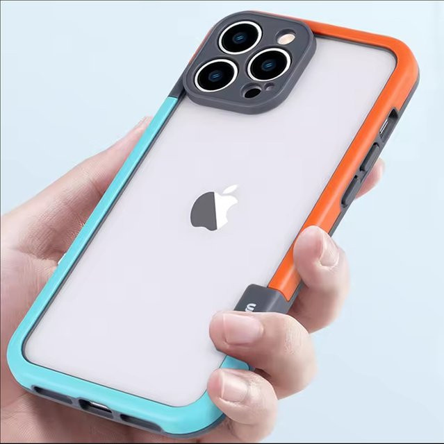 Stoßfeste Silikonrahmen-Schutzhülle mit Objektivschutz von HSDA für iPhone 15, 16 und 17 Pro Max Plus in Orange oder Blau - Bild 1