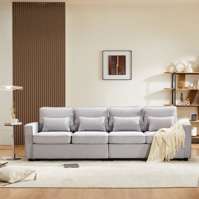 Aosom.de Sofa in Leinenoptik mit Taschen an den Armlehnen und 4 Lendenkissen, 4-Sitzer, Grau, B/T/H: 264 x 83 x 87 cm - Bild 1