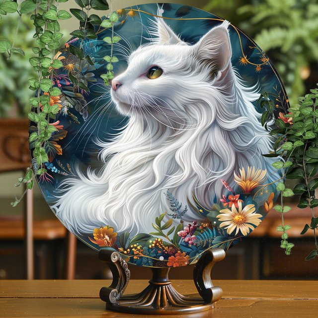 Potdemiel Rundes Aluminiumschild mit weißer Katze im Vintage-Stil, Wandkunst aus Metall, Durchmesser: 20 cm - Bild 1