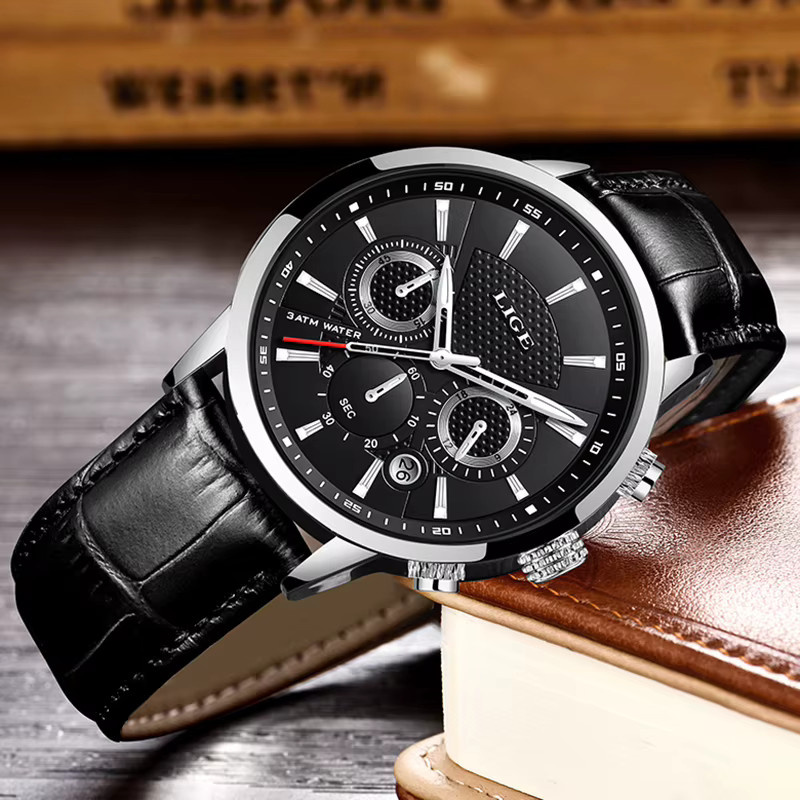 LIGE Armbanduhr Quarz, Leder, Schwarz, Herren, Wasserdicht - Bild 2