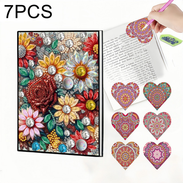 7-teiliges Diamond-Painting-Set mit Notizbuch aus PU-Leder und 6 Lesezeichen in Multicolour mit Mandala- und Blumenmustern - Bild 1