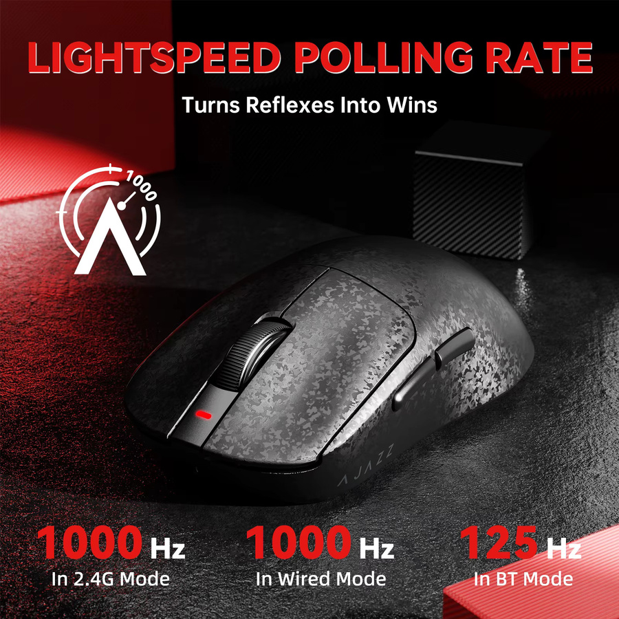 AJAZZ x ATTACK SHARK AJ199 Gaming-Maus aus Kohlefaser, kabellos Tri-Mode (2,4 GHz/Bluetooth/USB), ultraleicht 55 g, PixArt PAW3311 optischer Sensor, Schwarz - Bild 2