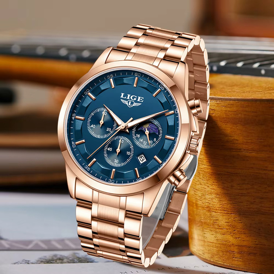 LIGE Armbanduhr Chronograph, Quarz, Edelstahl, Blau, Herren - Bild 3