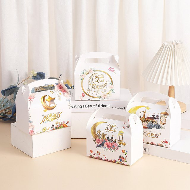 4er Set Eid Mubarak Kuchen Verpackungsboxen mit Griff für Ramadan und Islamische Feste in Weiß - Bild 1