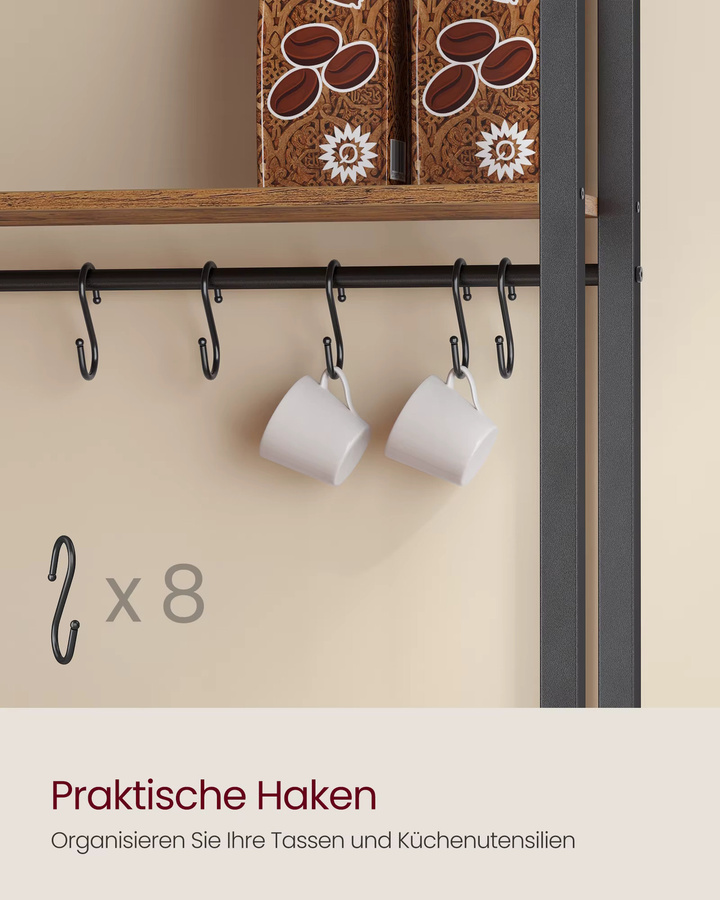 VASAGLE Küchenregal im Industrial Design mit Steckdosen und 8 Haken, Farbe: Vintagebraun-Mattschwarz, Höhe: 90 cm - Bild 4