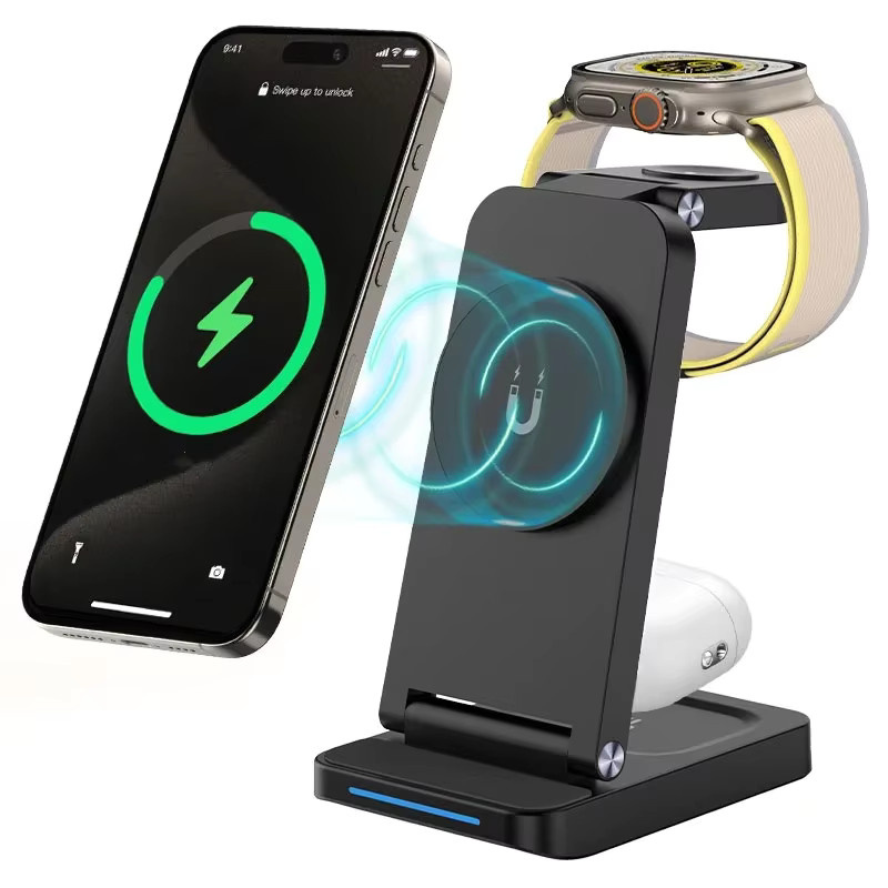 TIMESS 3-in-1 faltbarer magnetischer kabelloser Ladeständer für iPhone und Smartwatch in Schwarz - Bild 2