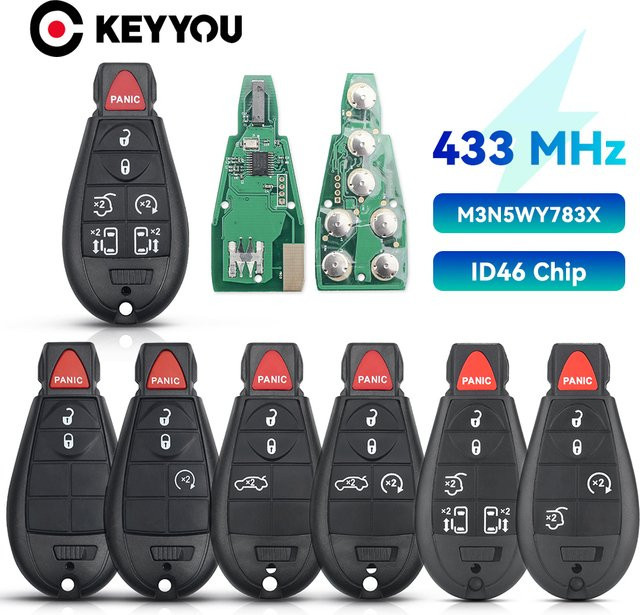 Keyyou Fernbedienung Autoschlüssel mit Anhänger 433MHz PCF7941 ID46 für Chrysler Town & Country, Jeep Grand Cherokee, Dodge Caravan und Journey in Schwarz - Bild 1