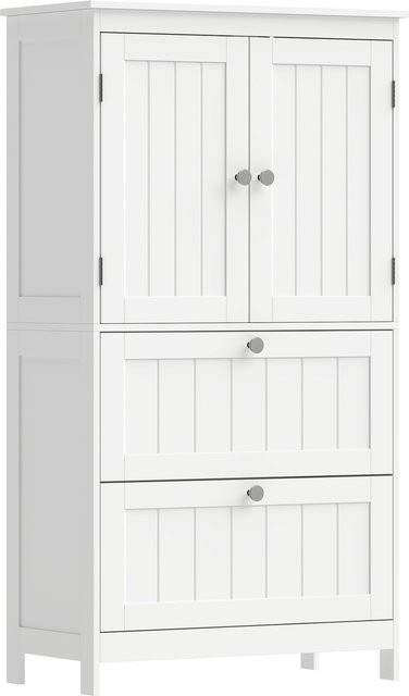 HOMCOM Badezimmerschrank Schmaler Hochschrank in Weiß mit Lamellenoptik, 2 Schubladen und 2 Türen, B/T/H: 60 x 30 x 110 cm - Bild 1