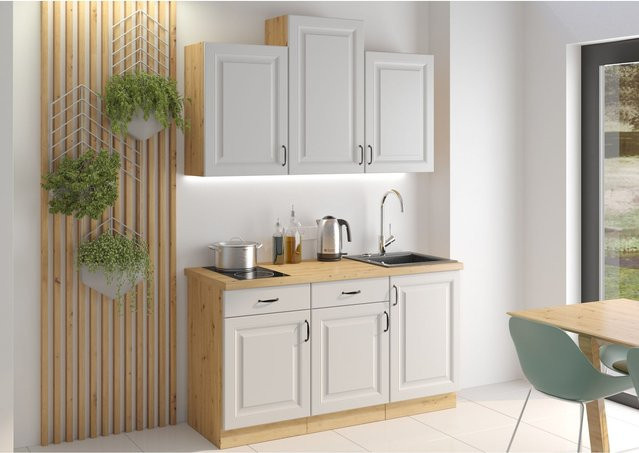 Küchenzeile Stilo Weiß Matt und Eiche Artisan im Landhausstil, 150 cm Küchenblock als Einbauküche für Singleküchen - Bild 1