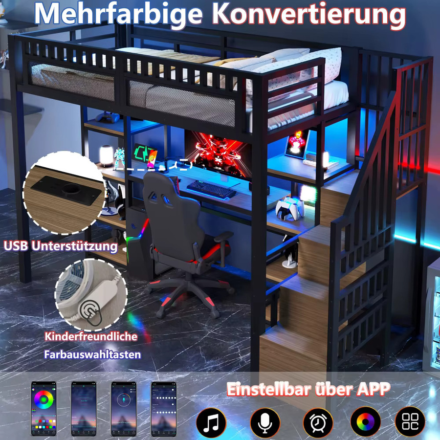Modernes Hochbett aus Metall in Schwarz mit LED-Lichtleiste, USB-Anschluss und Treppe mit Stauraum, B/T: 90 x 200 cm - Bild 2